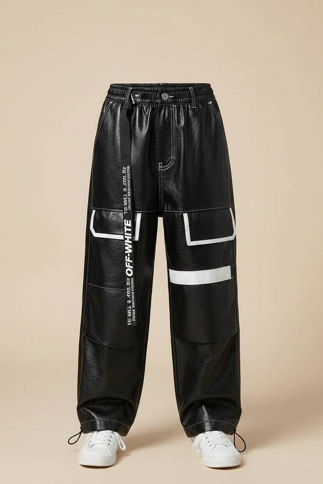 Pantalon Parachute Noir Cargo Imprimé Garçon Streetwear - Simili cuir - vue 3