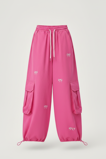 Pantalon Parachute Rose Fille Ample Brodé Cargo Décontracté - Toile - vue 3