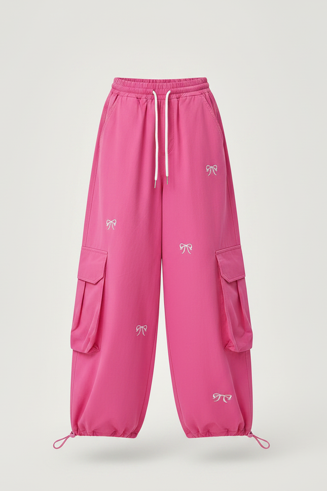 Pantalon Parachute Rose Fille Ample Brodé Cargo Décontracté - Toile - vue 3