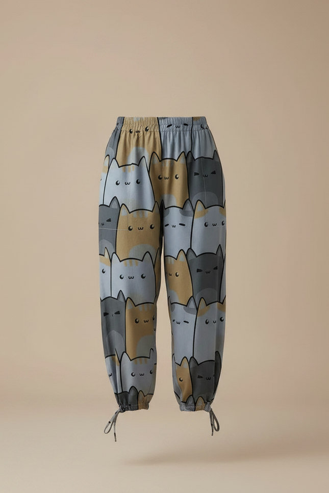 Pantalon Parachute Fluide Imprimé Chats Taille Élastique - Viscose - vue 3