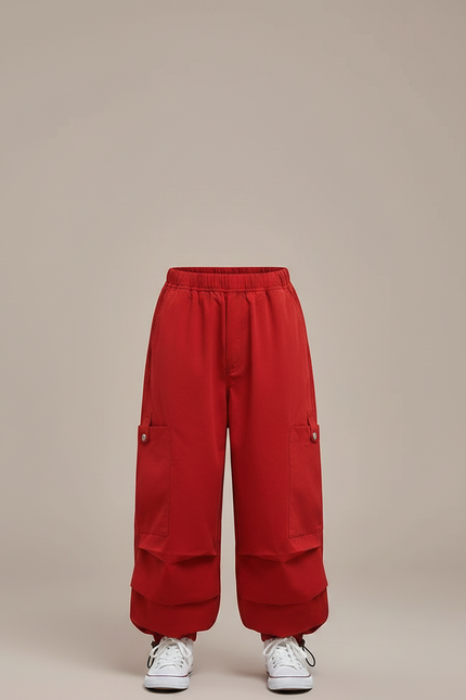 Pantalon Parachute Rouge Cargo Ample Enfants Garçon Fille - Polyester - vue 3