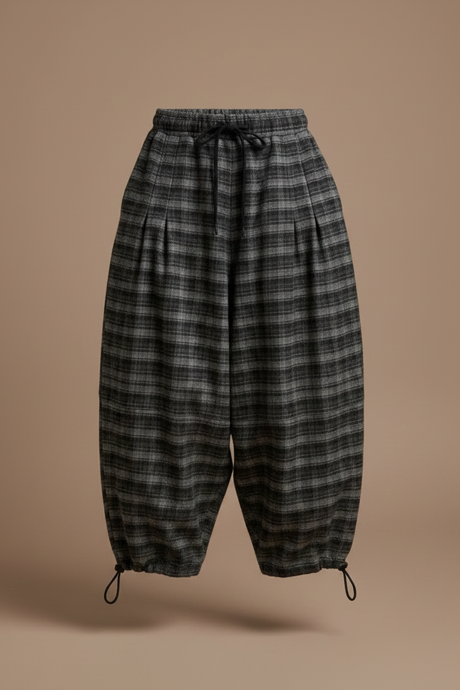 Pantalon Parachute Plaid Hiver Ample Garçon Chaud - Gris Tweed - vue 3