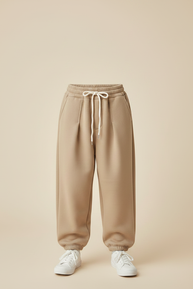 Pantalon Parachute Molleton Ample Garçon Hiver Cordon Serre-taille - Beige - vue 3