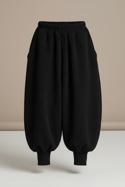 Pantalon Parachute Noir Ample Côtelé Enfant Hiver - Cordé - vue 3
