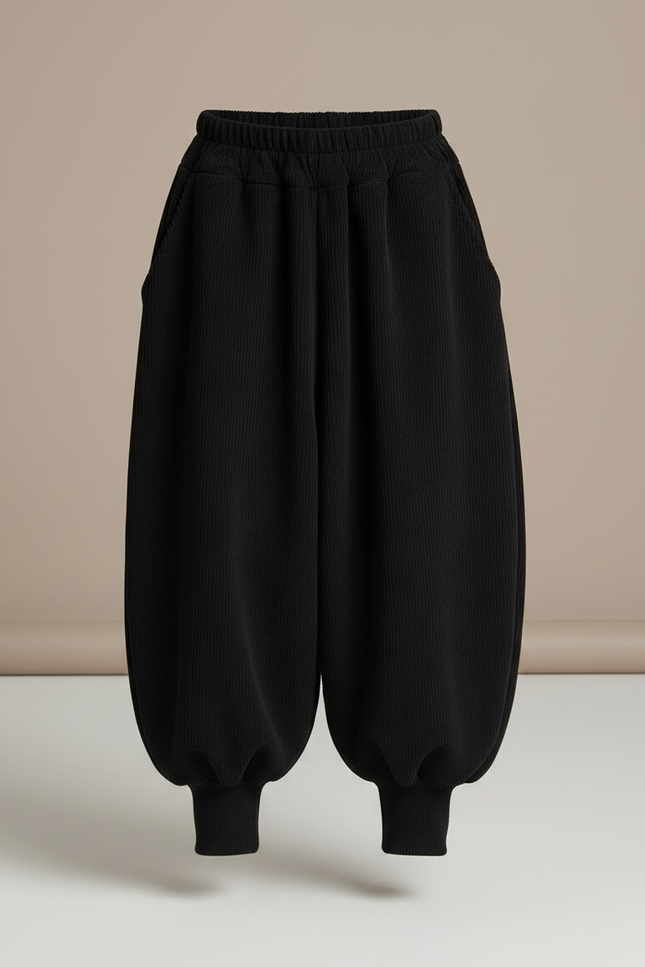 Pantalon Parachute Noir Ample Côtelé Enfant Hiver - Cordé - vue 3