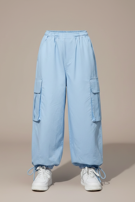 Pantalon Parachute Bleu Ciel Ample Cargo Fille Décontracté - Polyester - vue 3