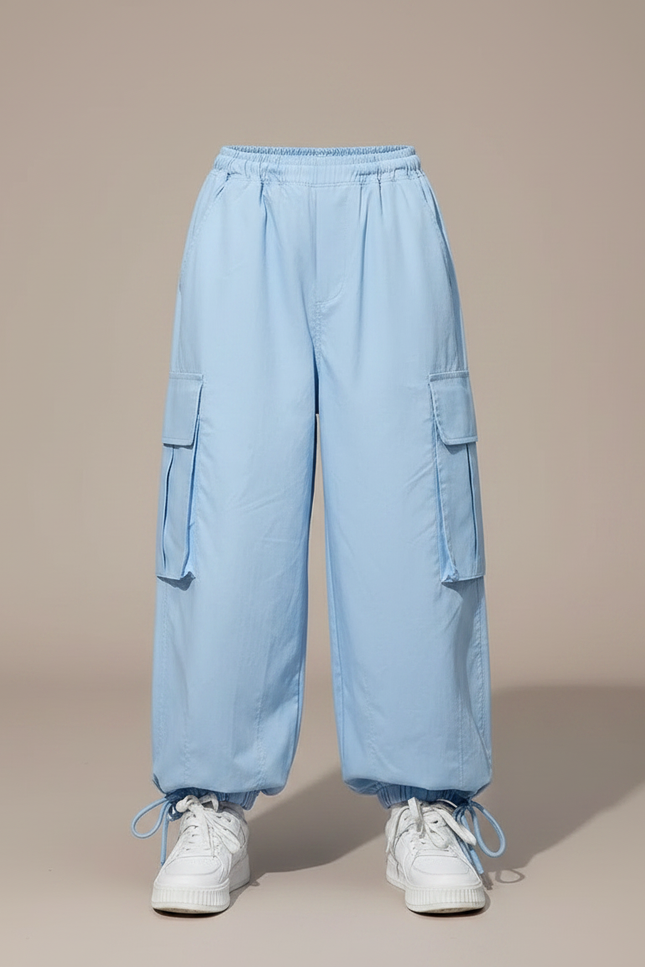 Pantalon Parachute Bleu Ciel Ample Cargo Fille Décontracté - Polyester - vue 3