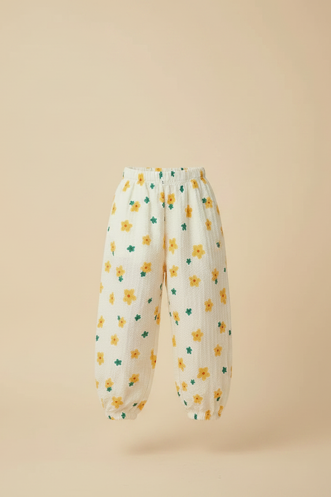 Pantalon Parachute Crème Fleuri Léger Ample Enfant - Beige Coton - vue 3