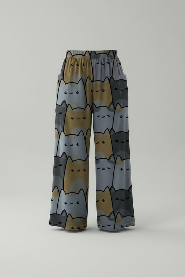 Pantalon Parachute Ample Imprimé Chats Décontracté Poches - Viscose - vue 3