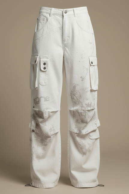 Pantalon Parachute Blanc Cargo Ample Imprimé Femme - Toile - vue 3