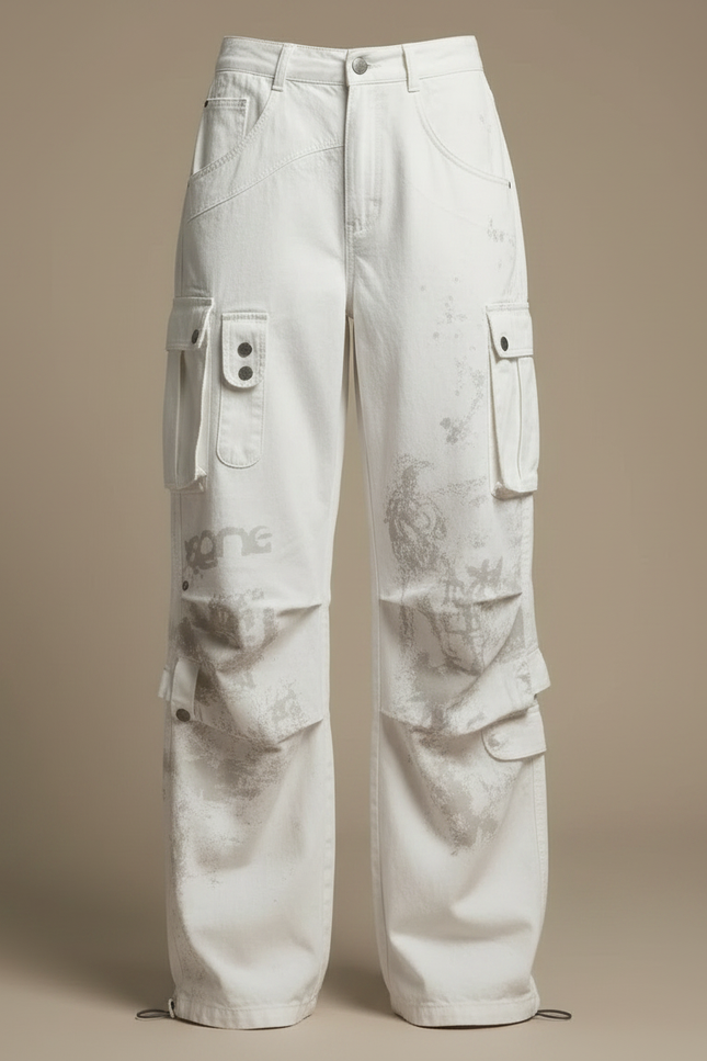 Pantalon Parachute Blanc Cargo Ample Imprimé Femme - Toile - vue 3