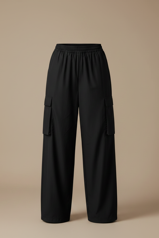 Pantalon Parachute Noir Cargo Ample Femme Poches - Polyester - vue 3