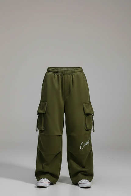 Pantalon Parachute Vert Kaki Cargo Ample Enfant - Molleton - vue 3