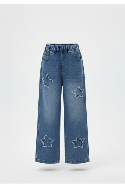 Pantalon Parachute Denim Étoiles Ample Fille Printemps - Bleu Jean - vue 3