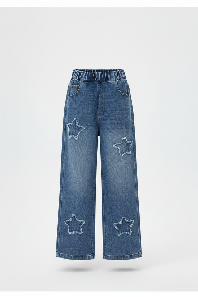 Pantalon Parachute Denim Étoiles Ample Fille Printemps - Bleu Jean - vue 3