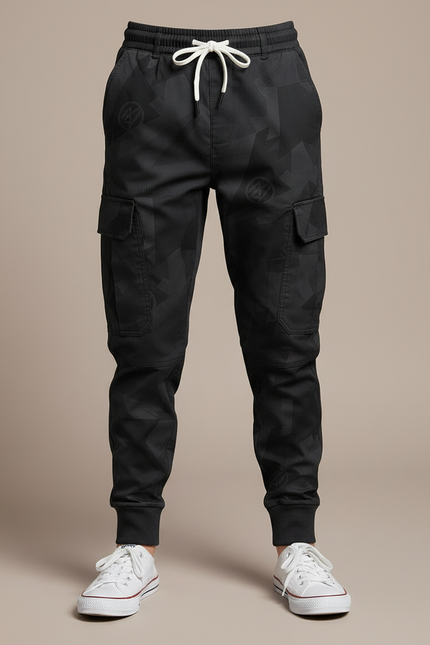 Pantalon Parachute Noir Cargo Imprimé Géométrique Junior Cordon - Polyester - vue 3