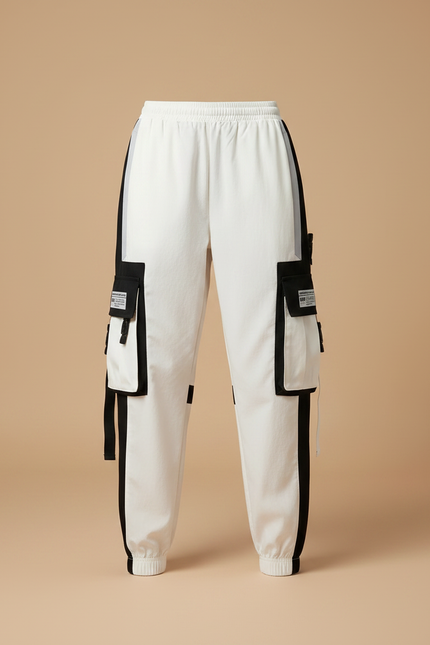 Pantalon Parachute Bicolore Cargo Femme Techwear - Blanc Polyester - vue 3