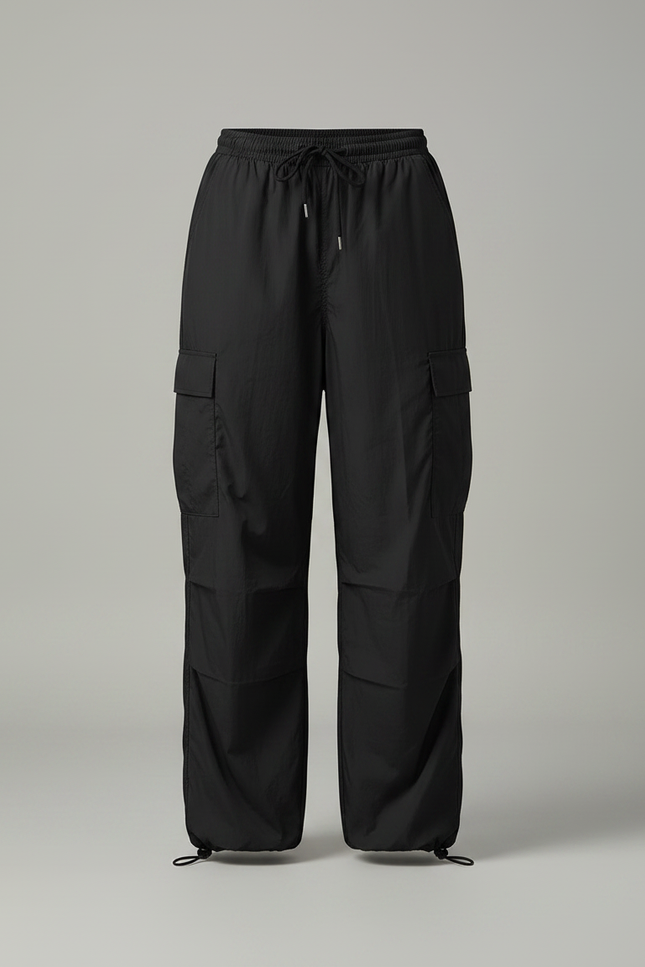 Pantalon Parachute Noir Cargo Ample Cordon Décontracté - Polyester - vue 3
