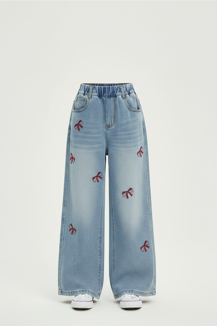 Pantalon Parachute Denim Ample Nœuds Brodés Fille - Bleu Jean - vue 3
