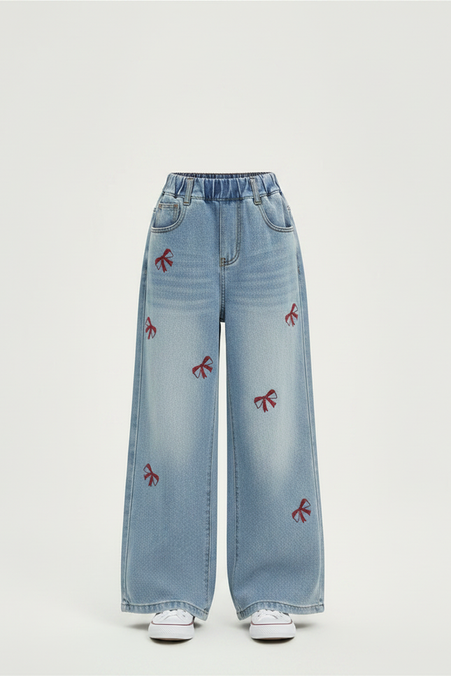 Pantalon Parachute Denim Ample Nœuds Brodés Fille - Bleu Jean - vue 3