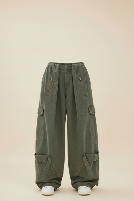 Pantalon Parachute Kaki Ample Cargo Zippé Streetwear - Toile - vue 3