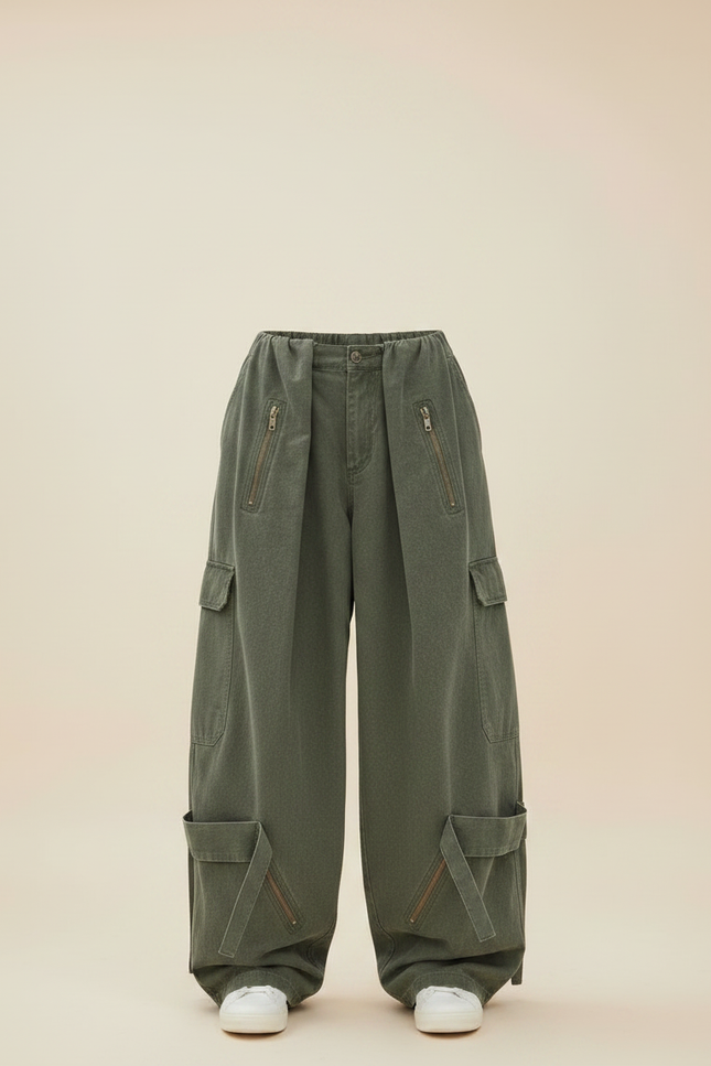 Pantalon Parachute Kaki Ample Cargo Zippé Streetwear - Toile - vue 3
