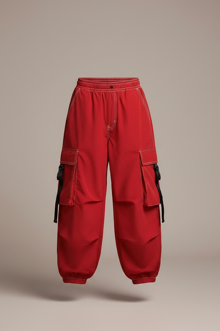 Pantalon Parachute Rouge Cargo Ample Streetwear Enfant - Polyester - vue 3