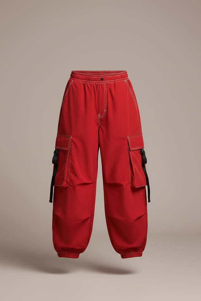 Pantalon Parachute Rouge Cargo Ample Streetwear Enfant - Polyester - vue 3