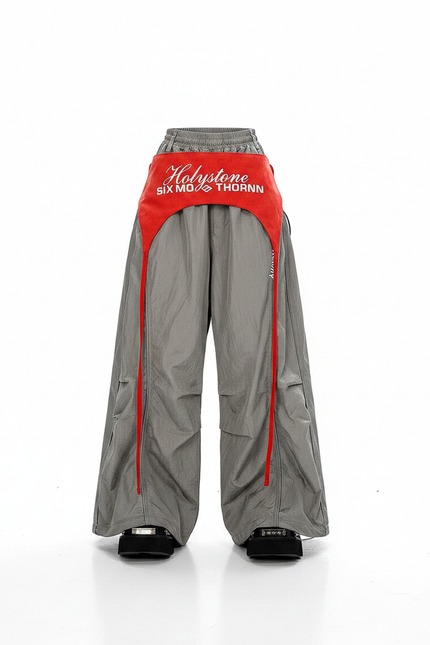 Pantalon Parachute Gris Ample Streetwear Bande Rouge - Polyester - vue 2