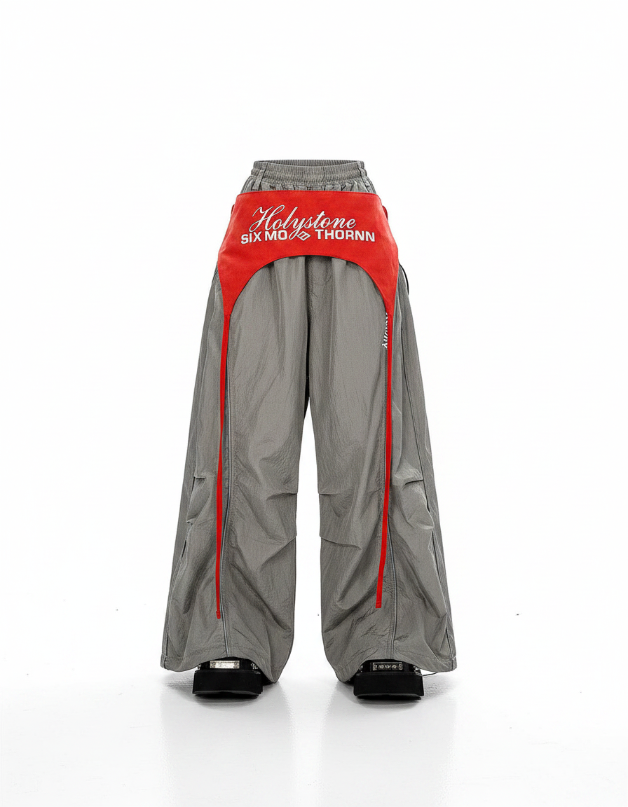Pantalon Parachute Gris Ample Streetwear Bande Rouge - Polyester - vue 2