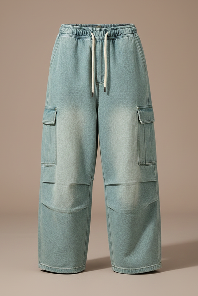 Pantalon Parachute Bleu Délavé Cargo Ample Enfant - Jean - vue 3