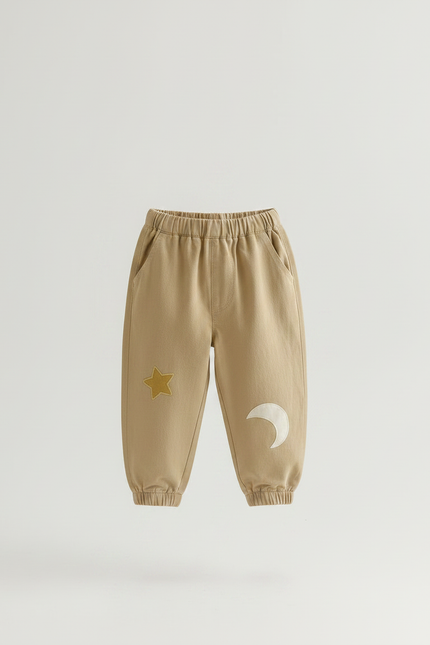 Pantalon Parachute Beige Coton Ample Brodé Étoile Lune Enfant - vue 3