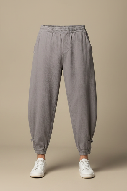 Pantalon Parachute Gris Coton Lin Ample Décontracté - vue 3
