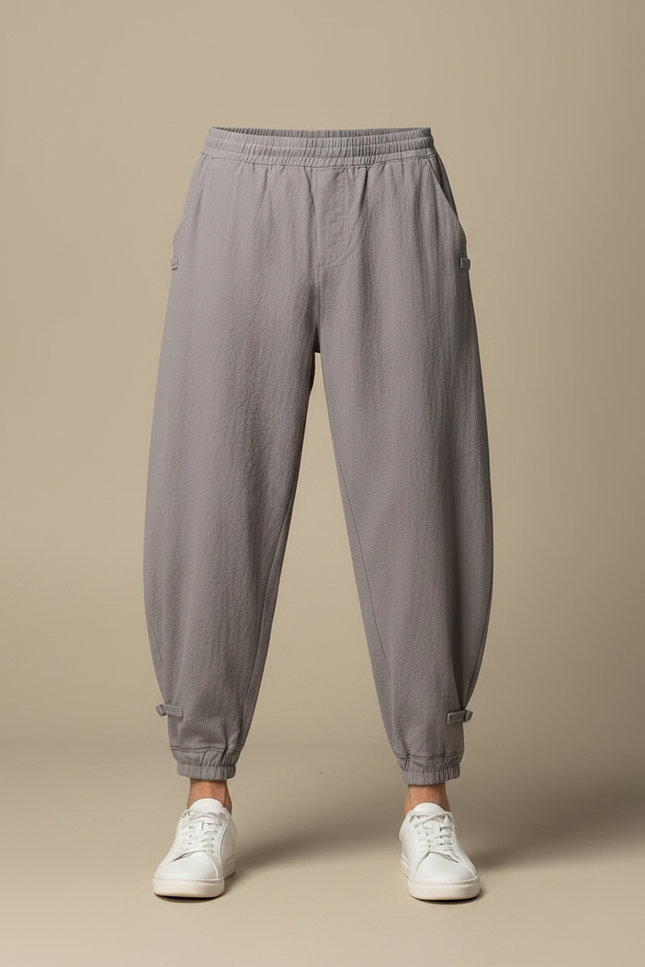 Pantalon Parachute Gris Coton Lin Ample Décontracté - vue 3