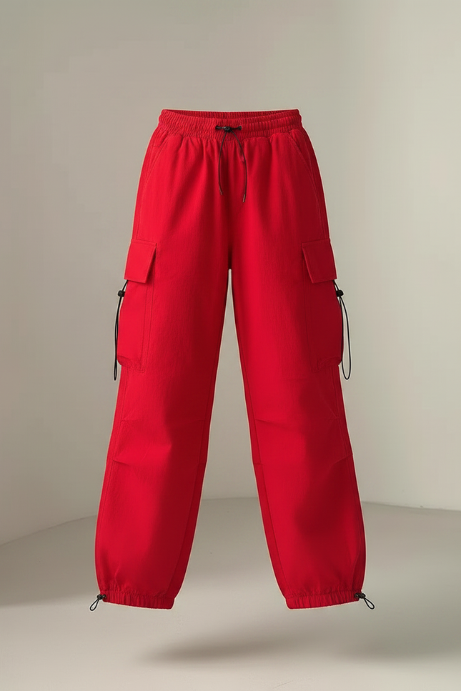 Pantalon Parachute Rouge Ample Fille Cargo Cordon - Polyester - vue 3