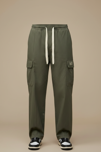Pantalon Parachute Kaki Cargo Ample Cordon Homme Coton - vue 3