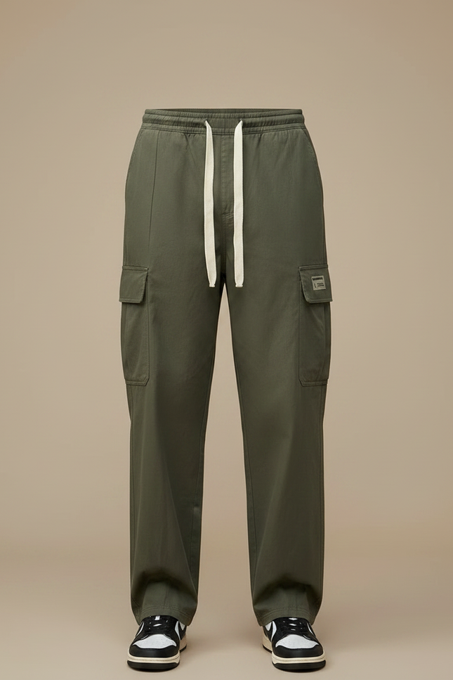 Pantalon Parachute Kaki Cargo Ample Cordon Homme Coton - vue 3