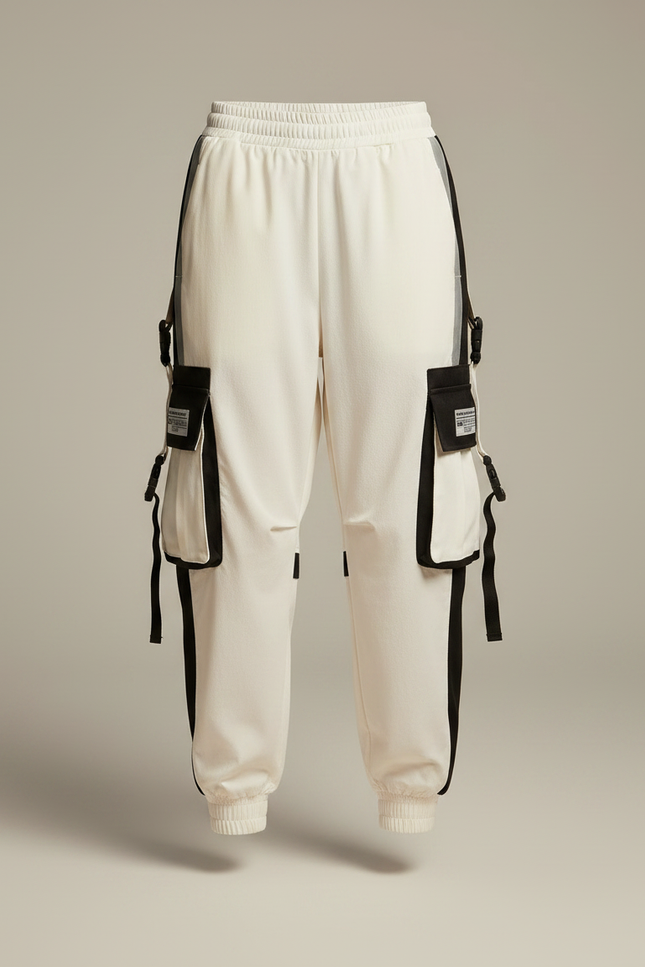 Pantalon Parachute Femme Cargo Bicolore Techwear Ample - Blanc Polyester - vue 3