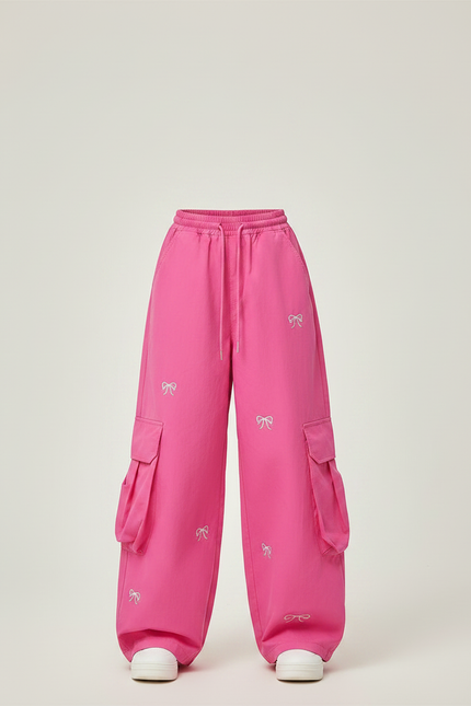 Pantalon Parachute Rose Fille Ample Brodé Cargo - Coton - vue 3