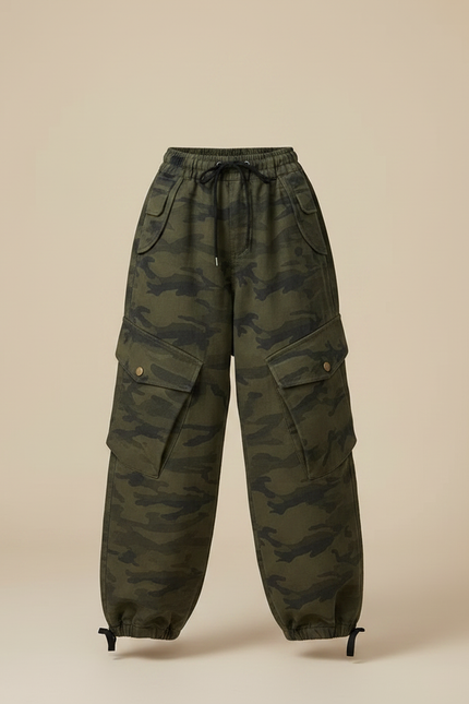 Pantalon Parachute Camouflage Cargo Ample Vert Fille - Toile - vue 3