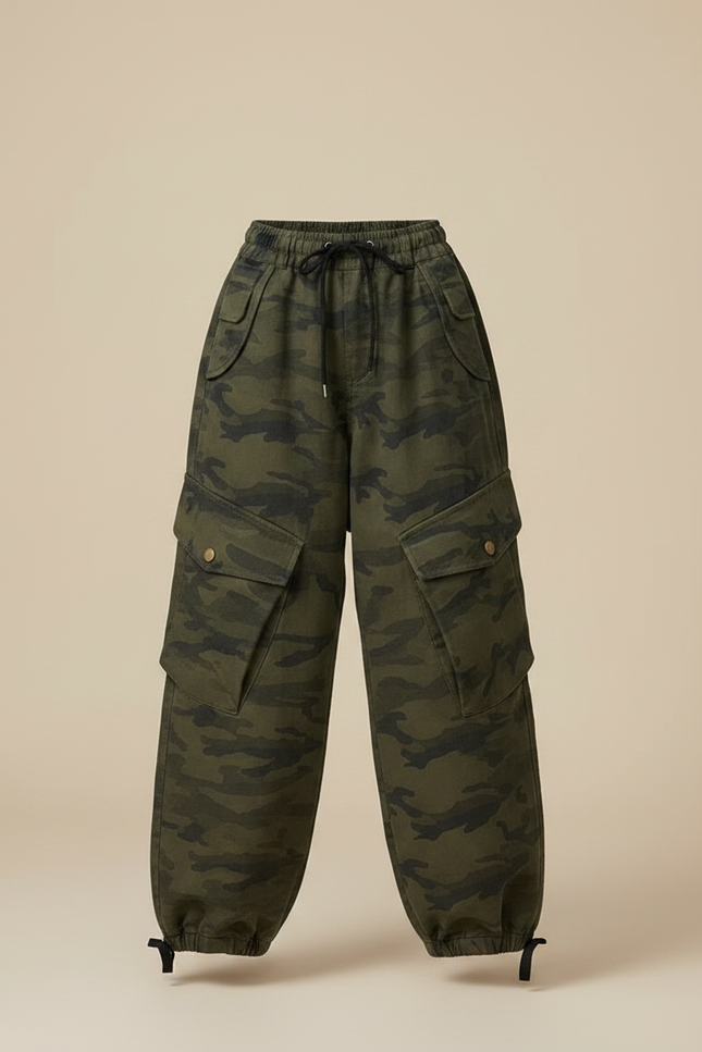 Pantalon Parachute Camouflage Cargo Ample Vert Fille - Toile - vue 3