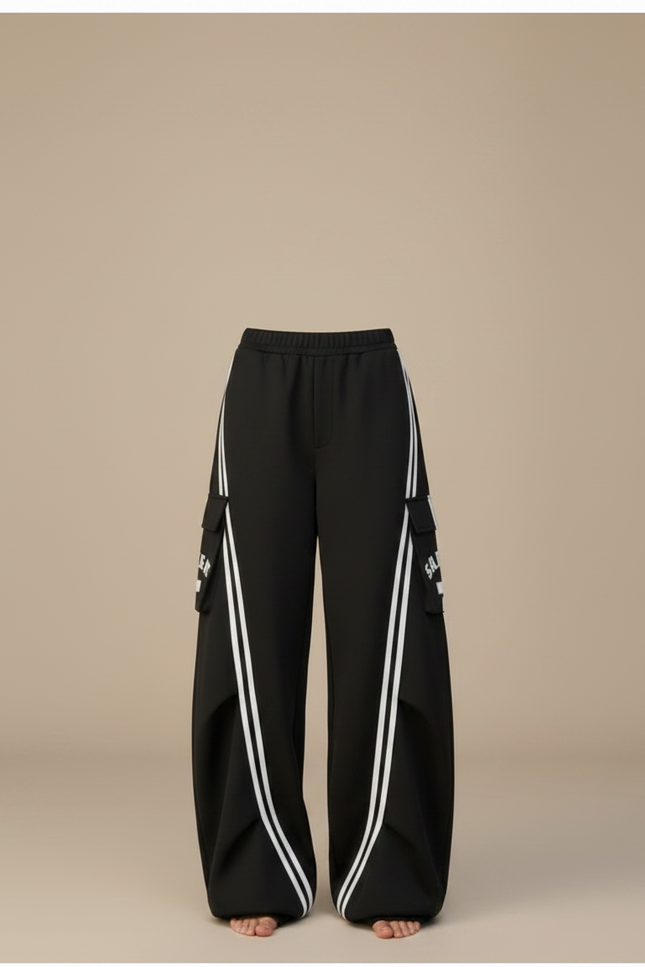 Pantalon Parachute Noir Ample Rayures Blanches Streetwear Y2K - Polyester - vue 3