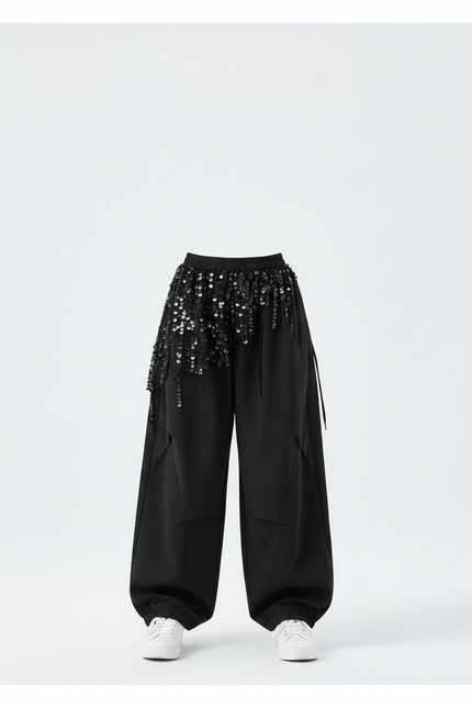 Pantalon Parachute Noir Ample Paillettes Fille - Polyester - vue 3