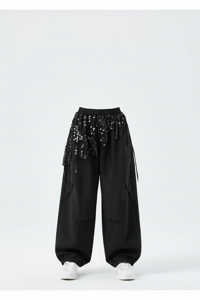 Pantalon Parachute Noir Ample Paillettes Fille - Polyester - vue 3
