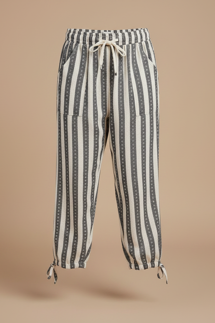 Pantalon Parachute Rayé Beige Gris Cordon Ample - Imprimé Coton - vue 3