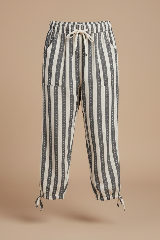 Pantalon Parachute Rayé Beige Gris Cordon Ample - Imprimé Coton - vue 3