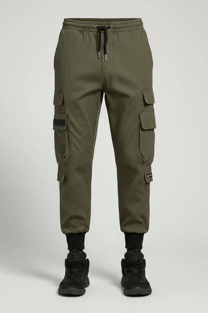 Pantalon Parachute Vert Kaki Cargo Cordon Homme - Toile - vue 3