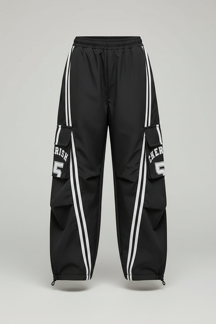 Pantalon Parachute Noir Cargo Rayures Blanches Ample - Polyester - vue 3
