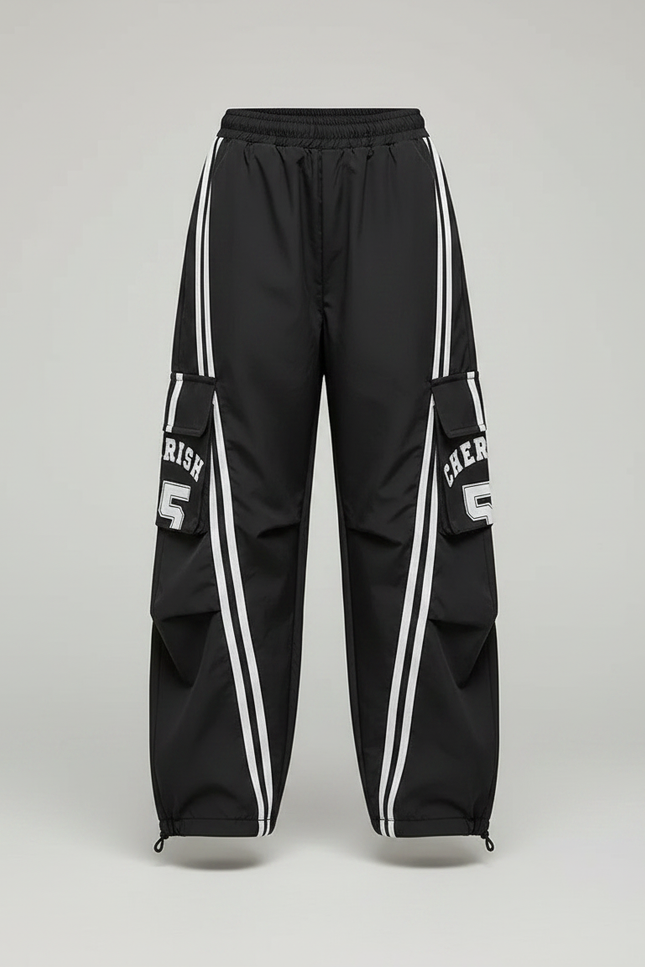 Pantalon Parachute Noir Cargo Rayures Blanches Ample - Polyester - vue 3