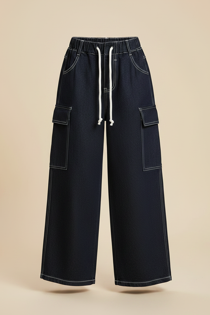 Pantalon Parachute Denim Ample Cargo Bleu Marine Fille - Jean - vue 3